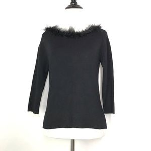 Hillard & Hanson Black Size Small Petite Women’s Feather Trim Sweater Top